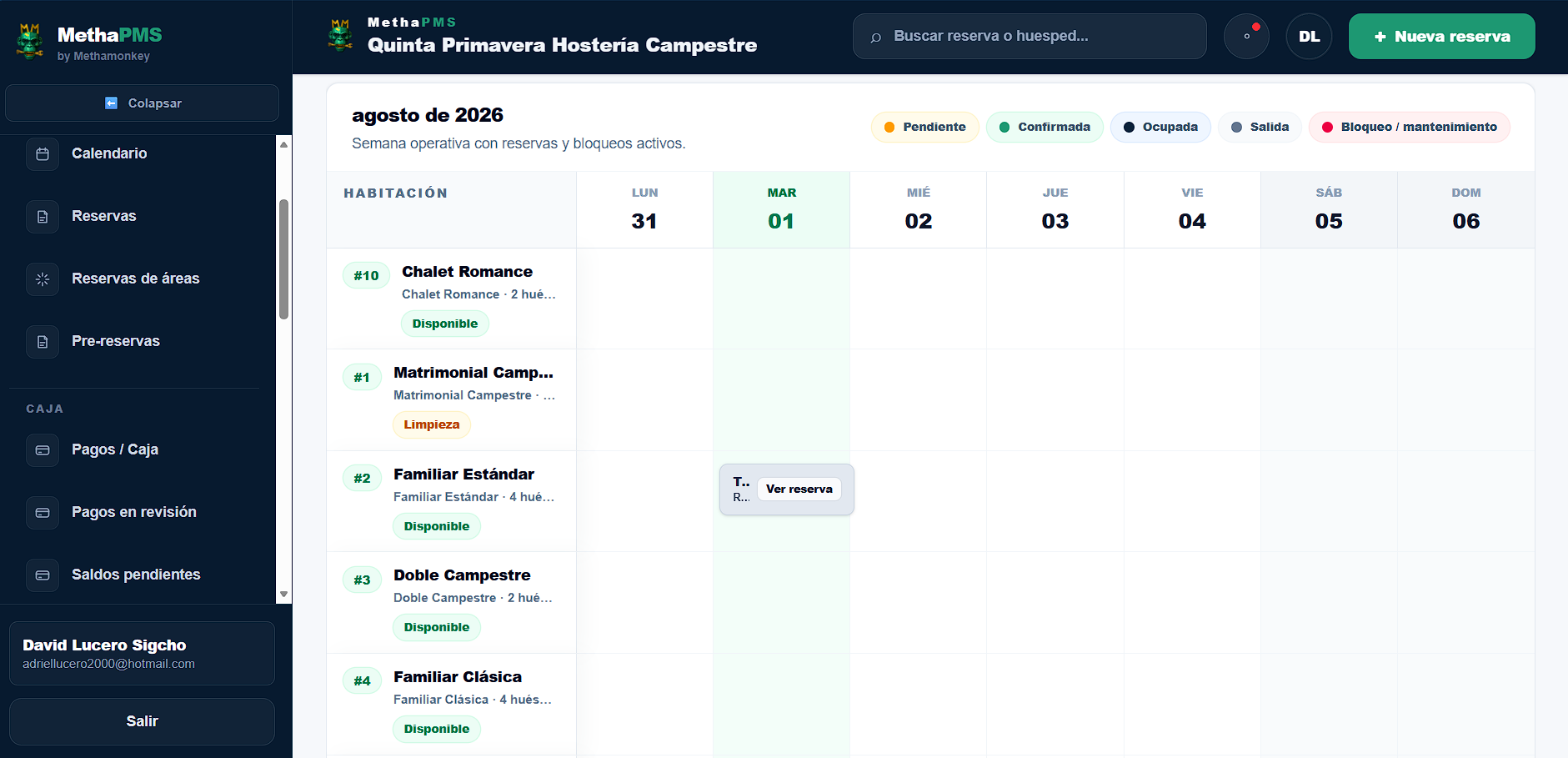 Vista de Calendario por habitaciones en MethaPMS. Planificación clara para recepción y administración.