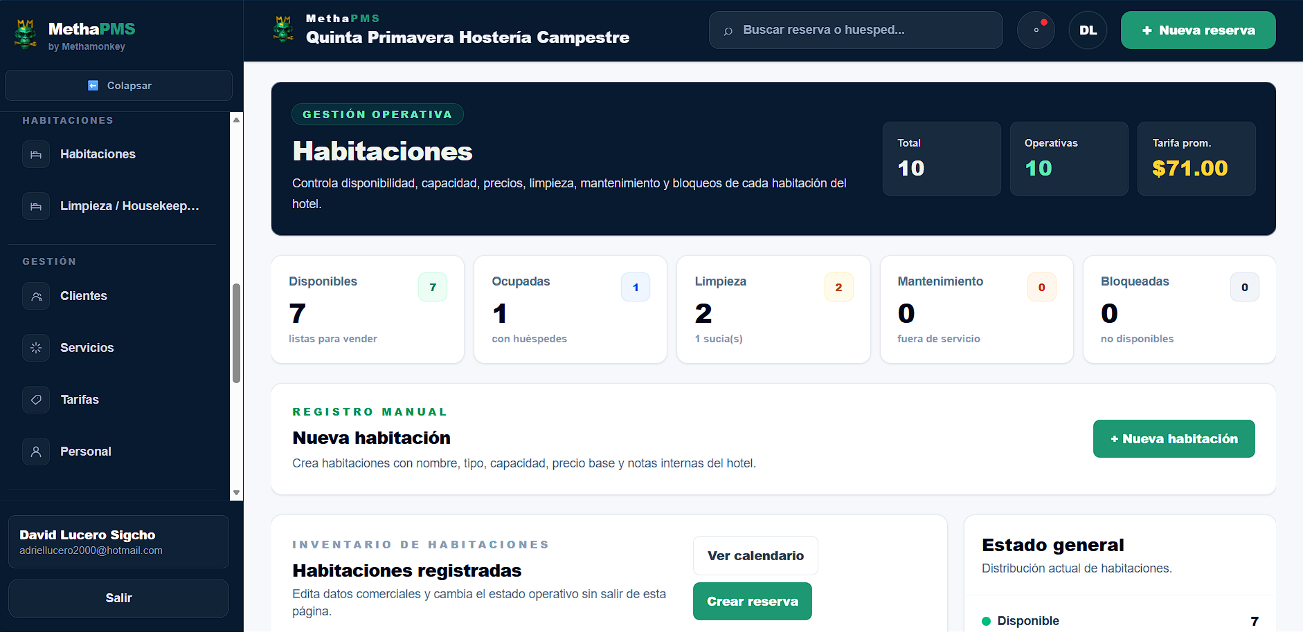Vista de Habitaciones en MethaPMS. Inventario, estados, capacidad y disponibilidad operativa.