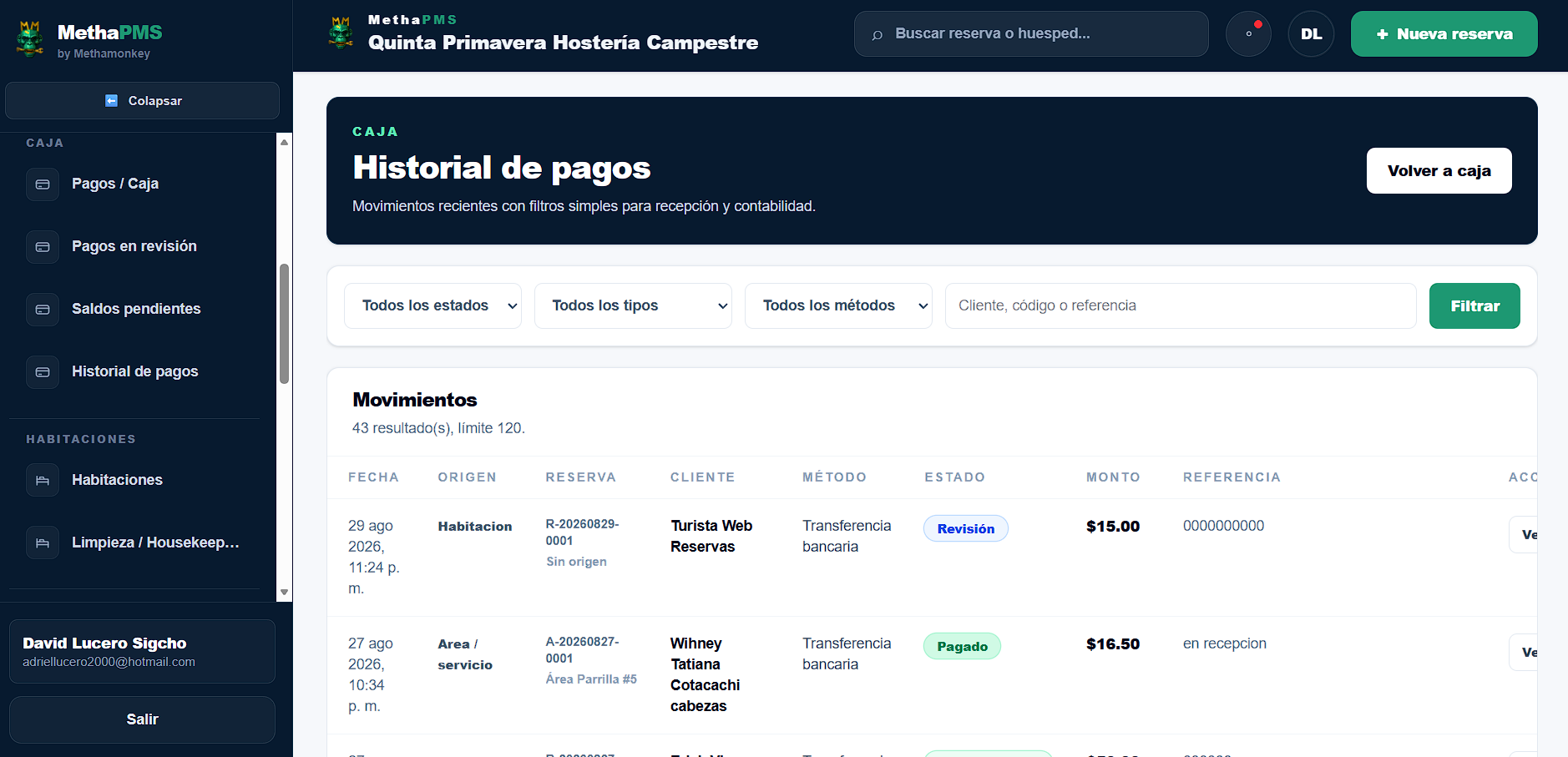 Vista de Historial de pagos en MethaPMS. Trazabilidad de pagos registrados por reserva y huésped.