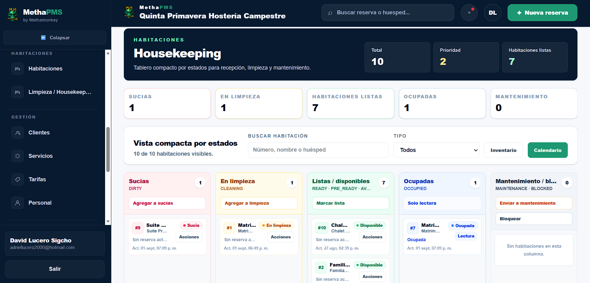 Vista de Housekeeping en MethaPMS. Limpieza por estados para equipos de recepción y mantenimiento.