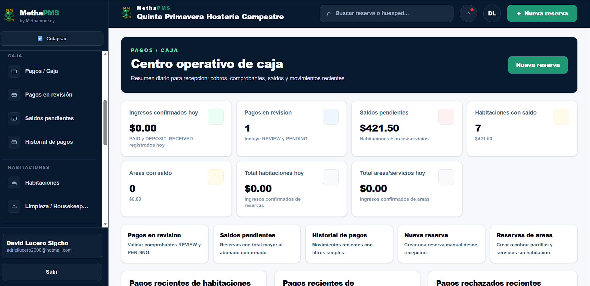 Vista de Caja en MethaPMS. Pagos, abonos, saldos y movimientos para control financiero.