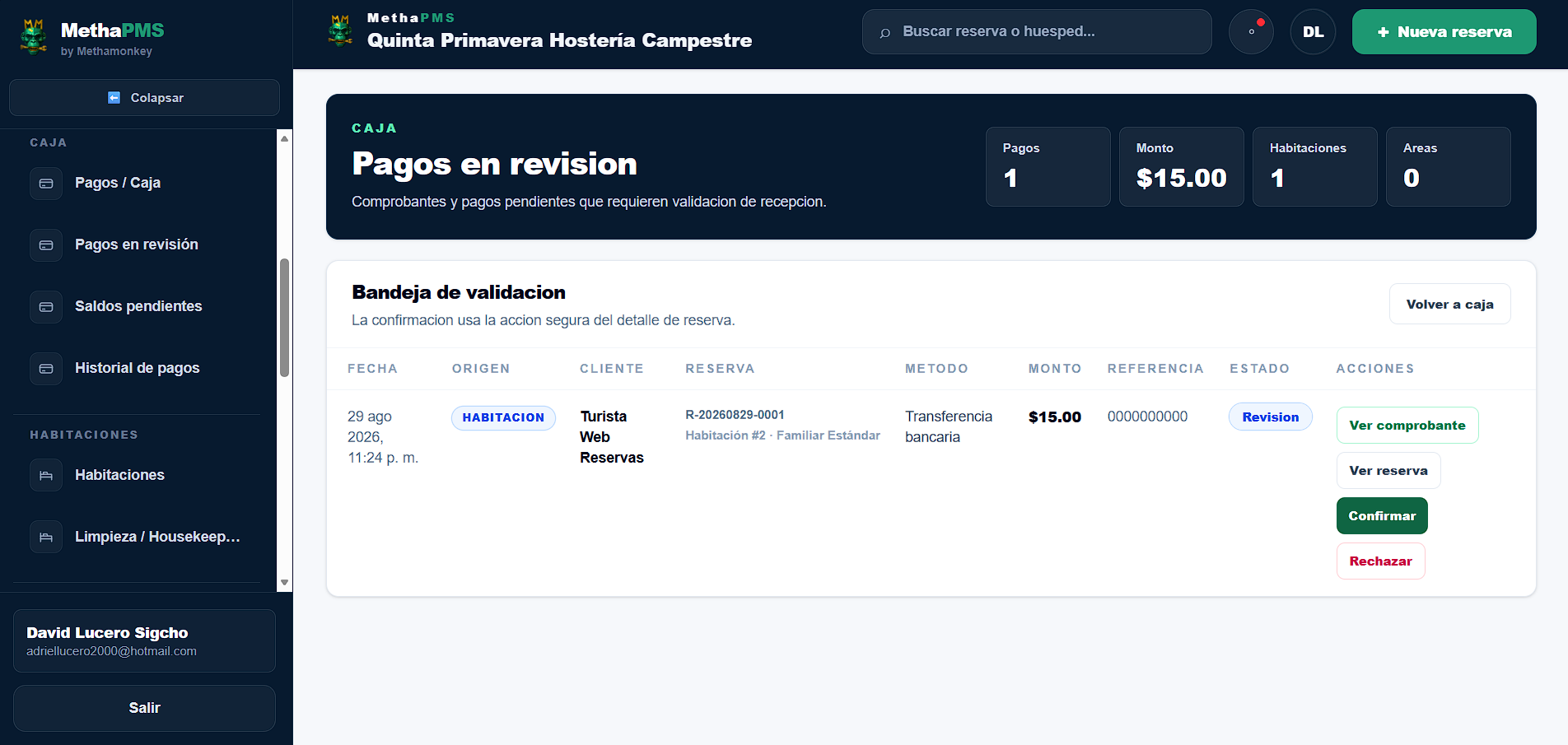 Vista de Pagos en revisión en MethaPMS. Comprobantes y abonos pendientes de validación interna.