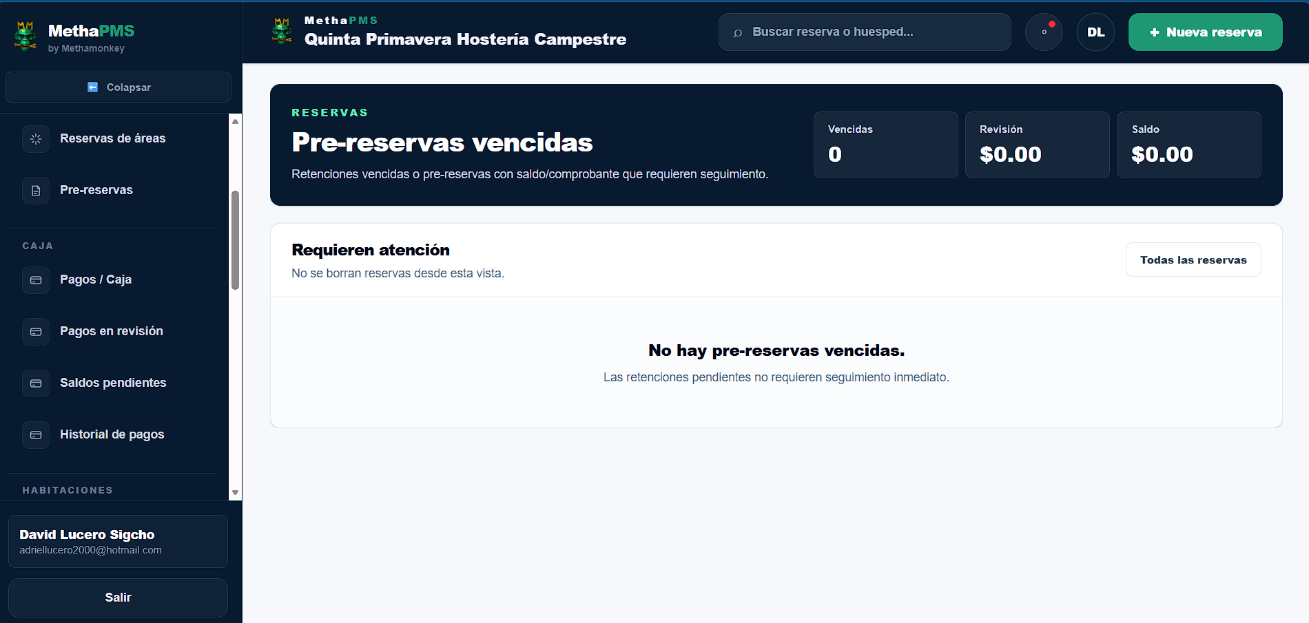 Vista de Pre-reservas en MethaPMS. Solicitudes por confirmar y reservas pendientes de pago.
