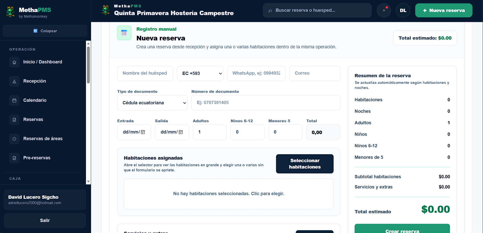 Vista de Detalle de reservas en MethaPMS. Información operativa para revisar fechas, habitaciones y pagos.