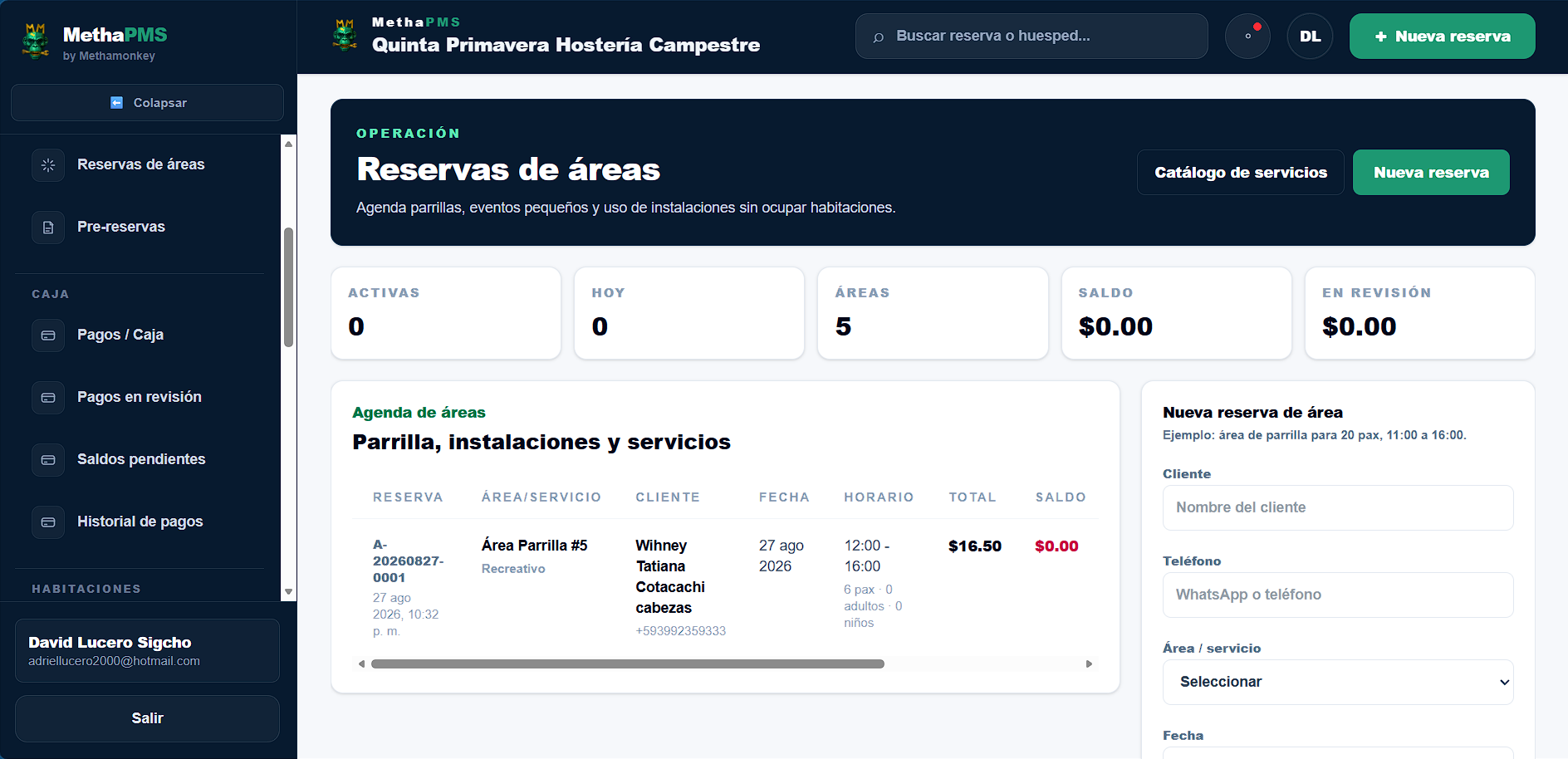 Vista de Reservas de áreas en MethaPMS. Servicios, áreas, eventos y espacios adicionales del alojamiento.